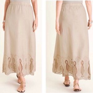 Chico’s Linen Maxi Skirt OP 4/6 Beige Crochet Lace Hem Boho